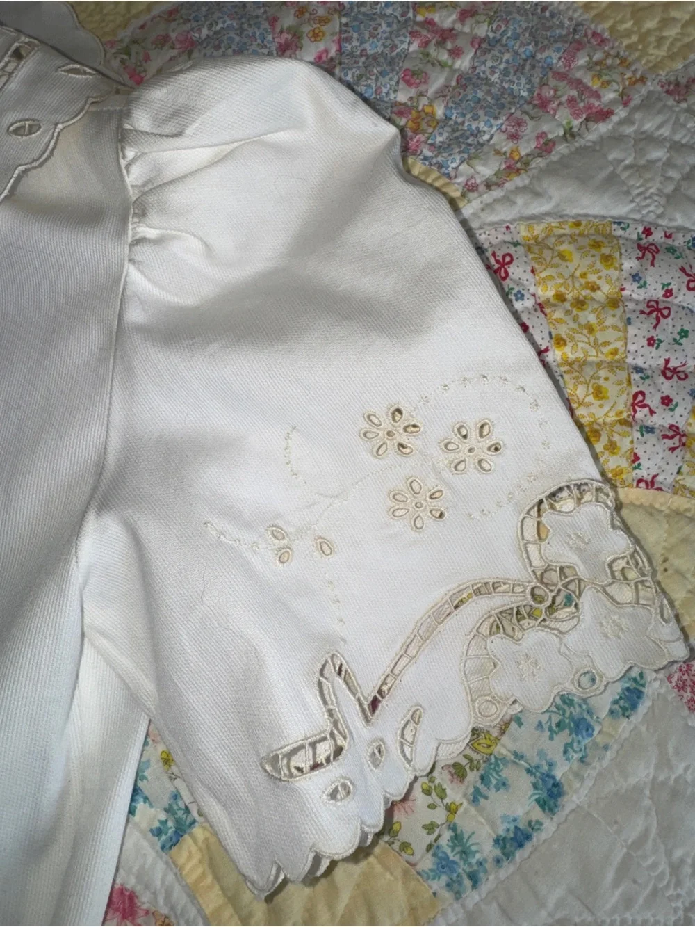 Girls' Cream Embroidered Peter Pan Collar Dress